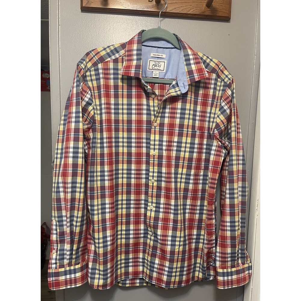Jos A Bank 1905 Tailored Fit Shirt Red Blue Plaid Long Sleeve Men's Size Large